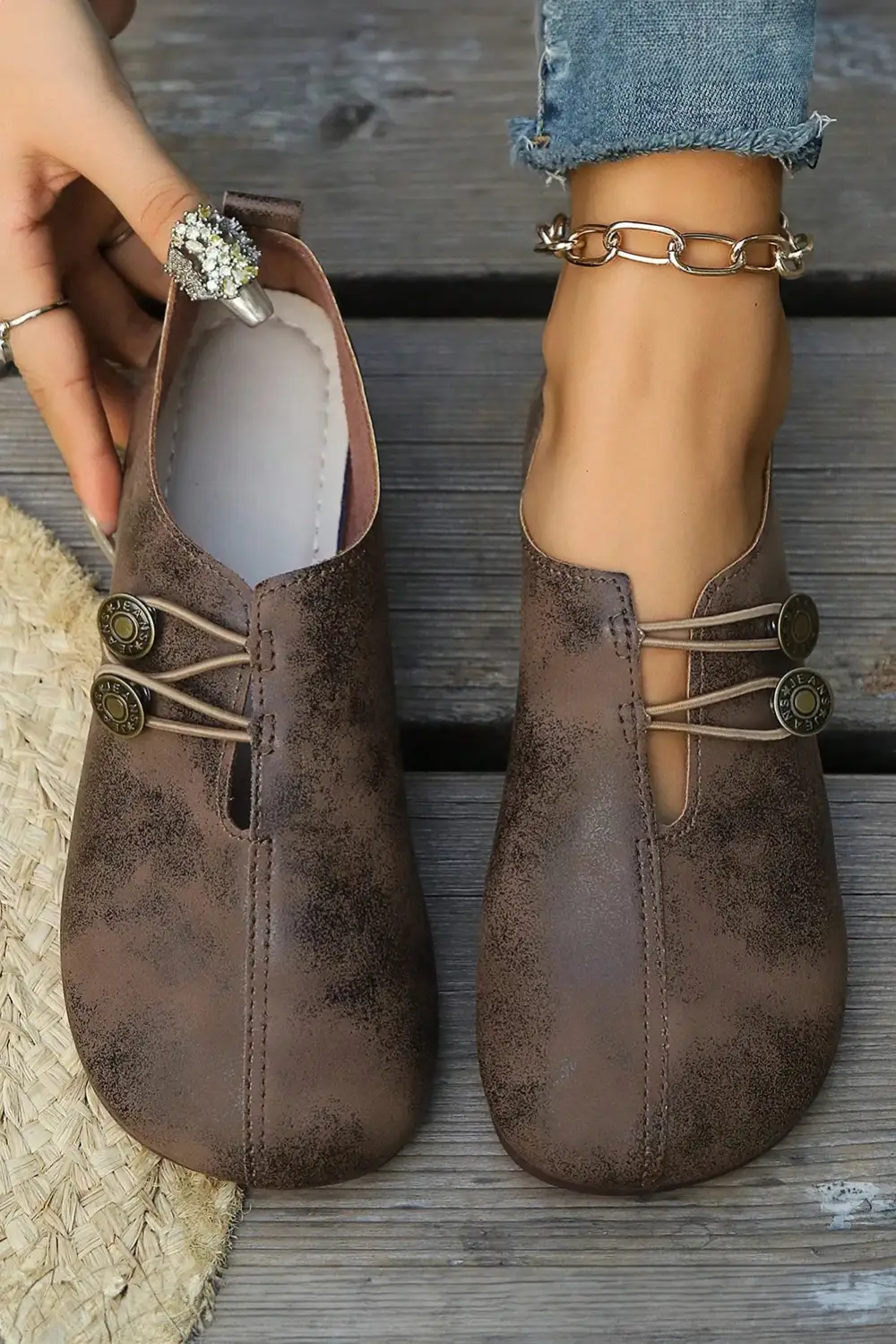 Vintage Button Detail Faux Leather Loafer Shoes