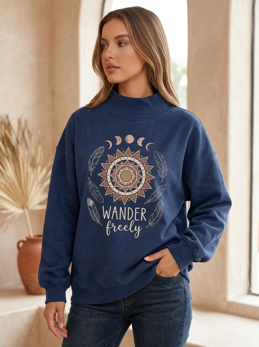 Boho Wander Freely Sun Moon Feather Mock Neck Sweatshirt