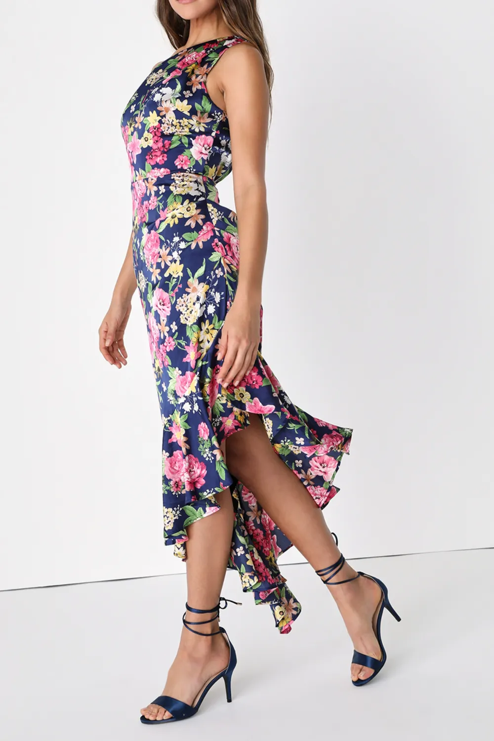 Casual Style Multi Floral One-Shoulder Midi Dress