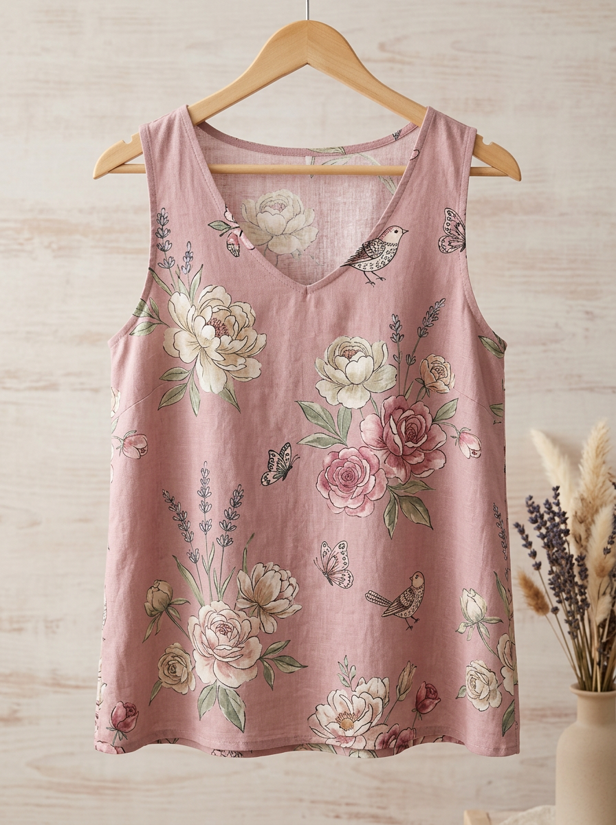 Bird Butterfly Floral Women's Loose Printed Tank Top