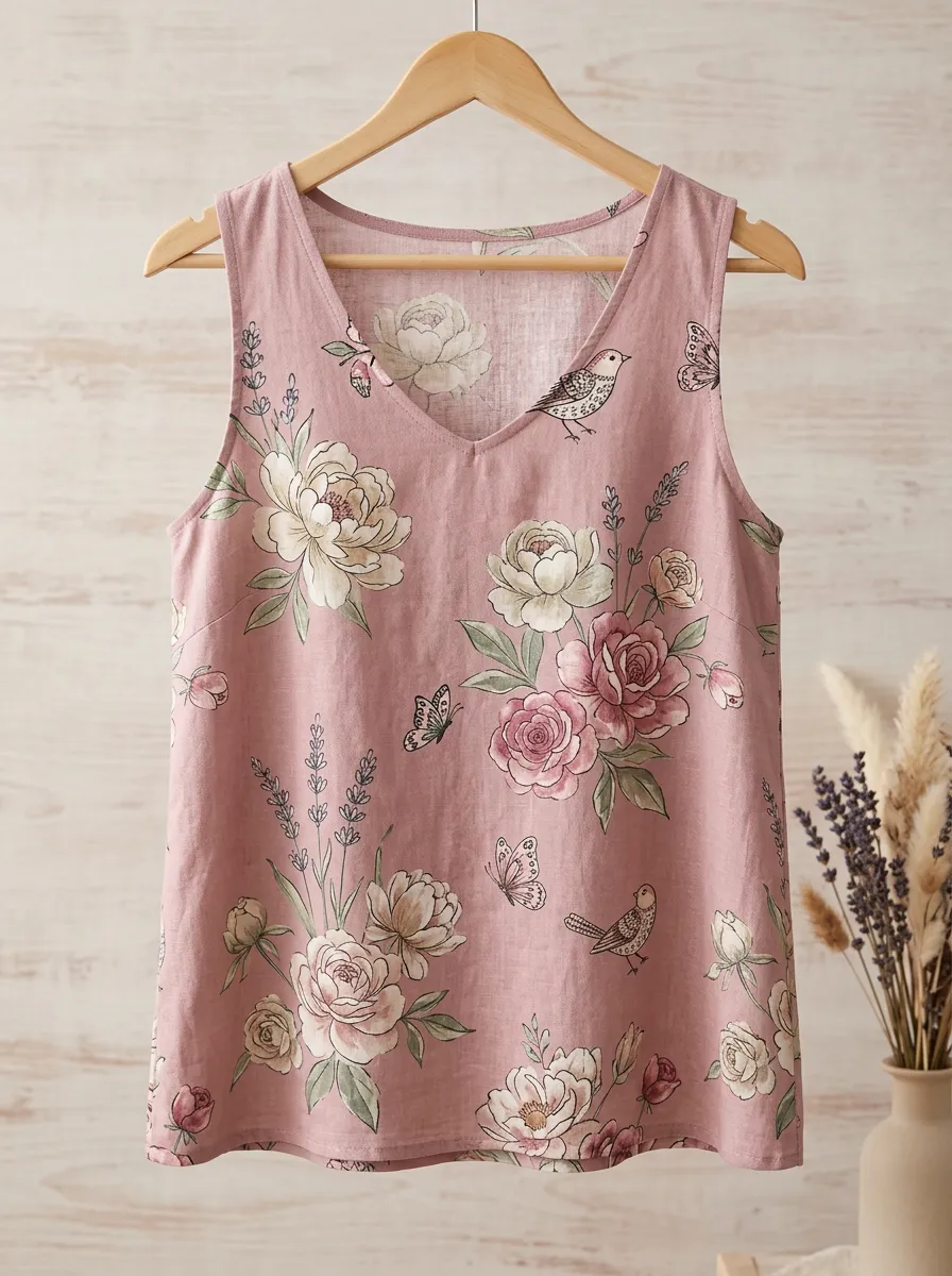 Bird Butterfly Floral Women's Loose Printed Tank Top