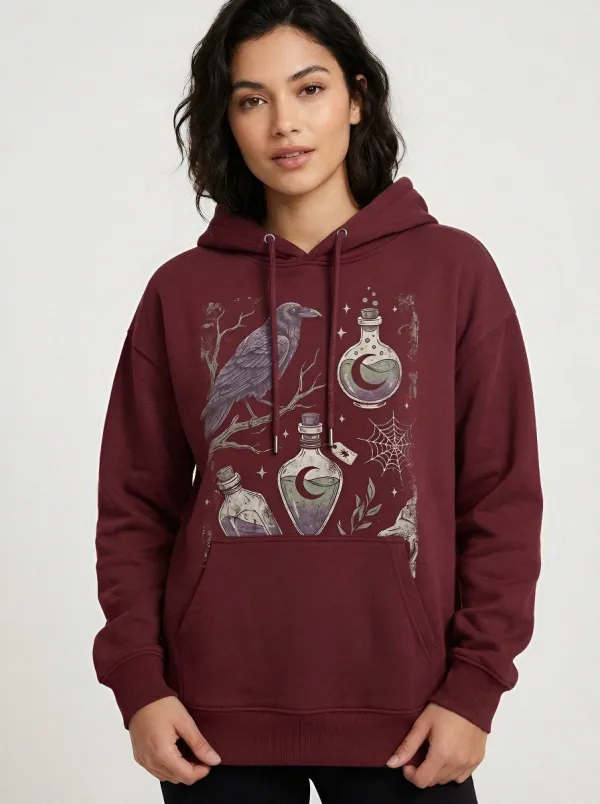 Women's Halloween Witchy Raven Potion Printed Hoodie