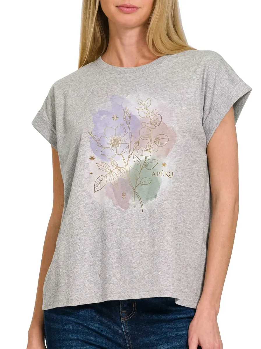 Women's Apero Floral Watercolor Line Art Printed T-shirt