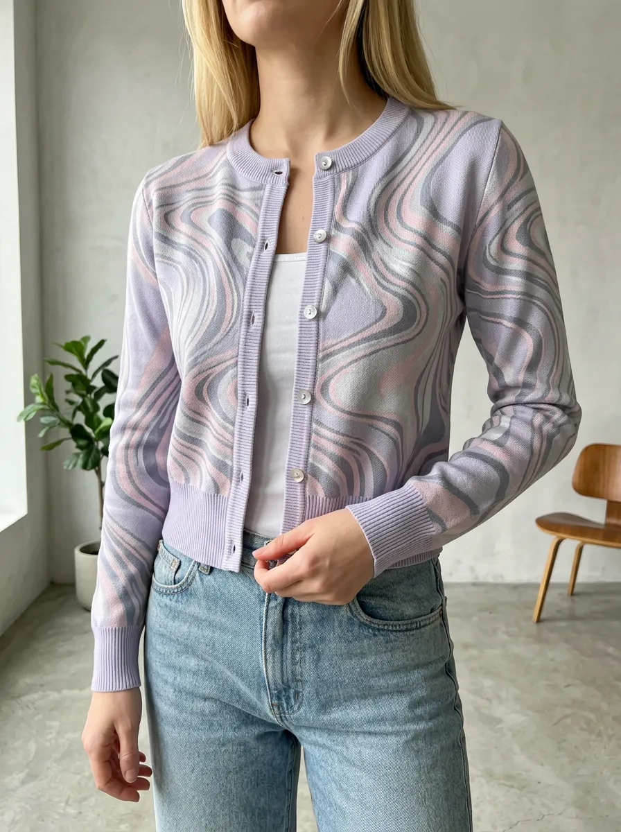 Women's Pastel Swirl Pattern Printed Ribbed Trim Casual Layering Cardigan