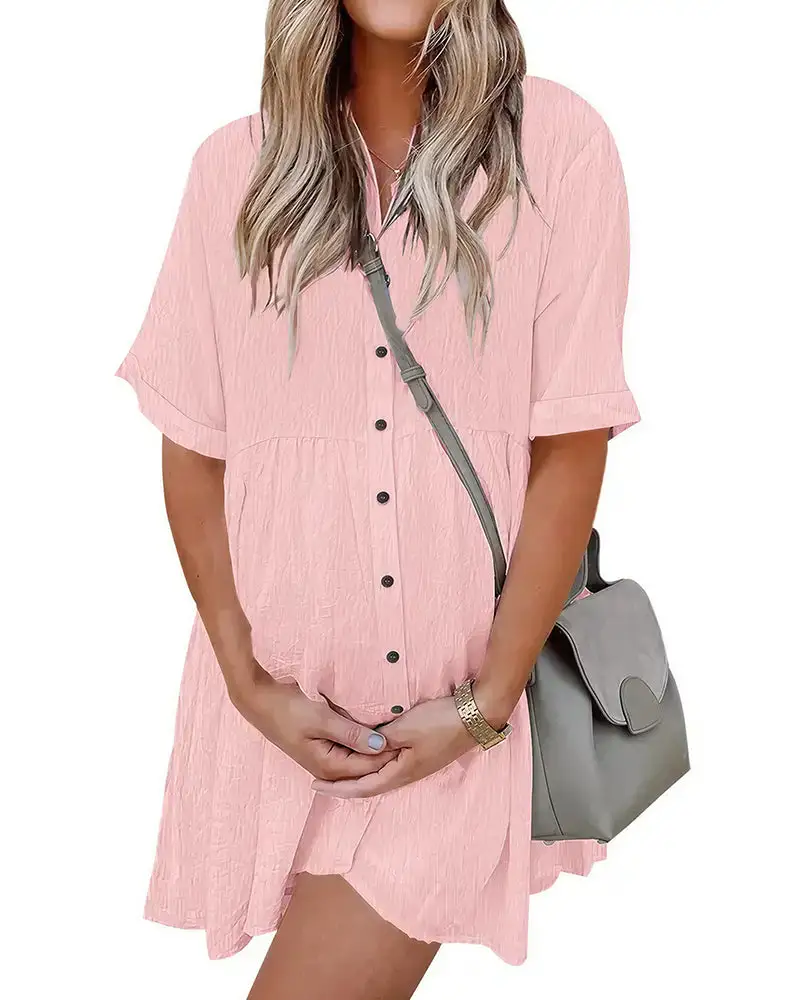 Effortless Button-Down Short Sleeve Shirt Dress With Pockets