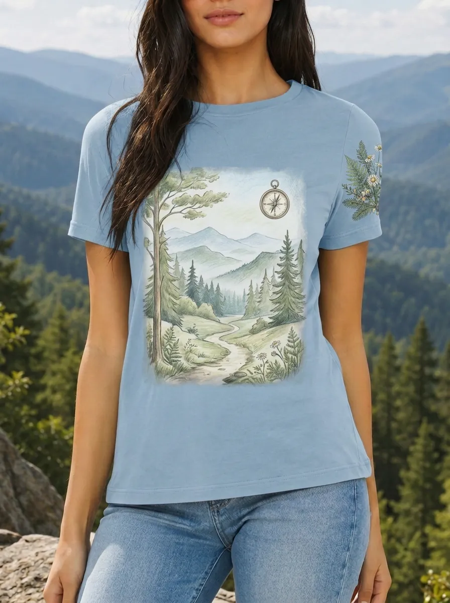 Women's Nature Lover Forest Compass Mountain Printed T-shirt