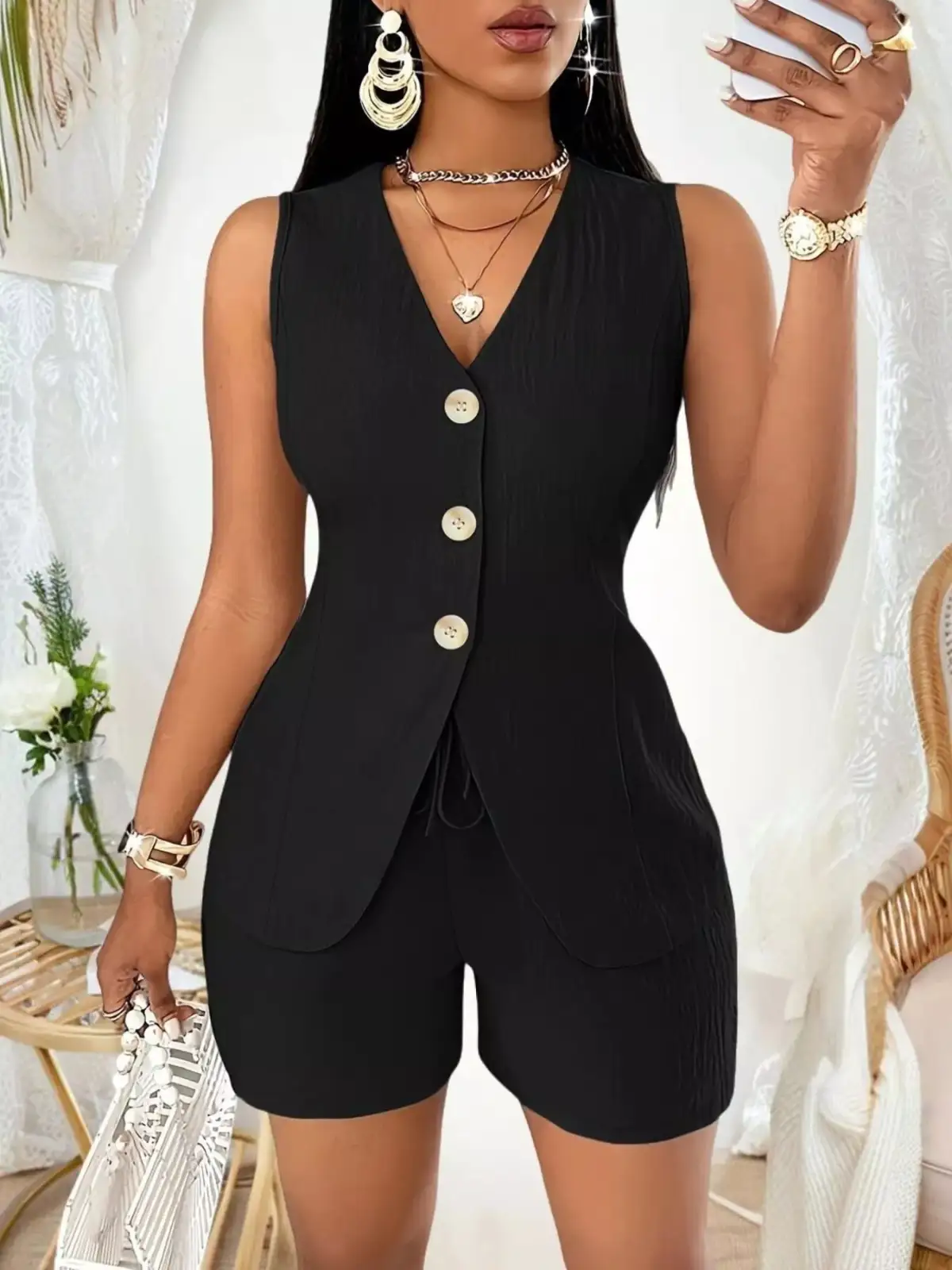 Drawstring Pocketed Vest and Shorts Matching Set