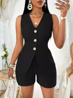 Drawstring Pocketed Vest and Shorts Matching Set