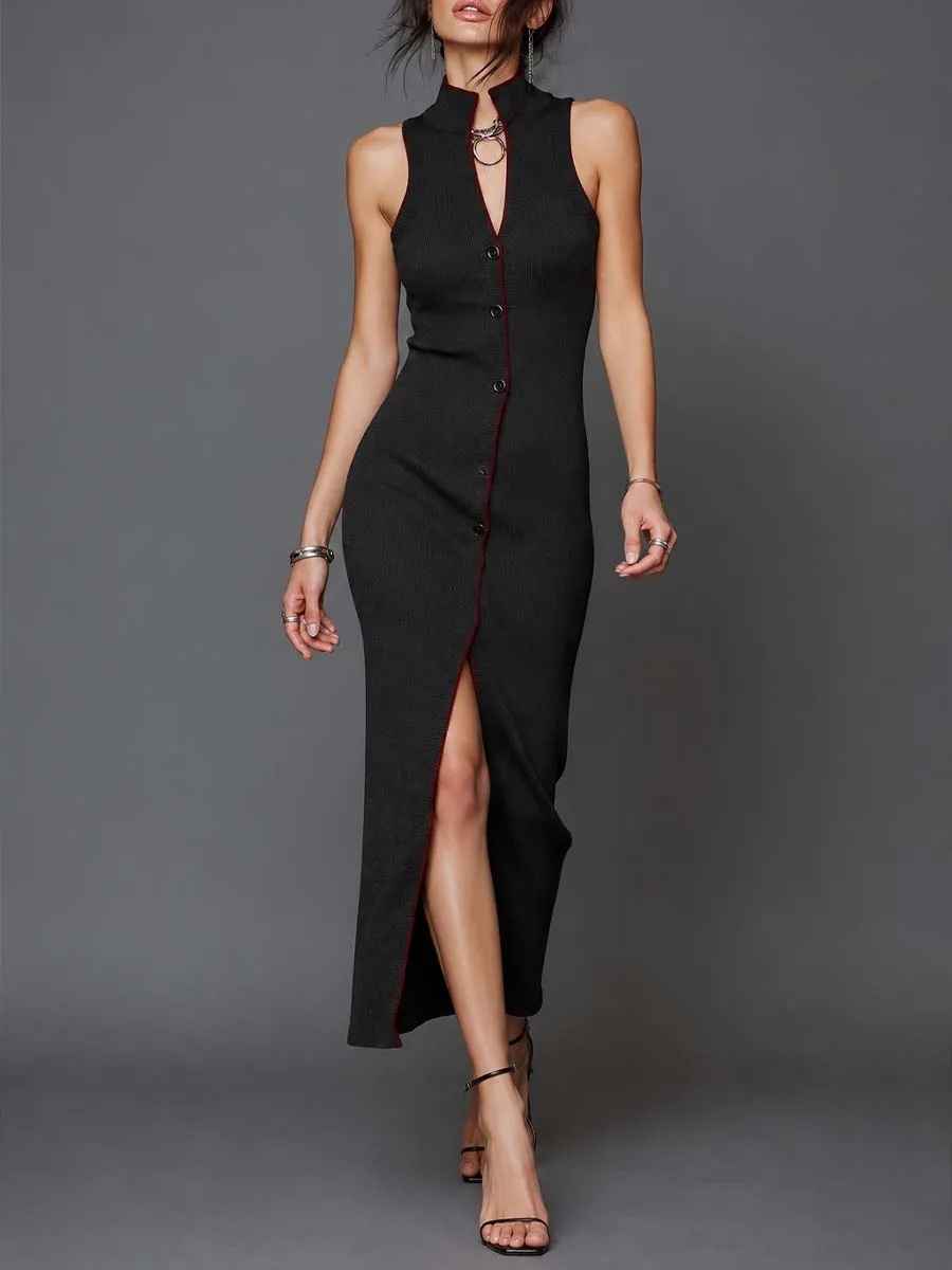 Sleeveless Ribbed Knit Button-Front Maxi Dress with Contrast Trim