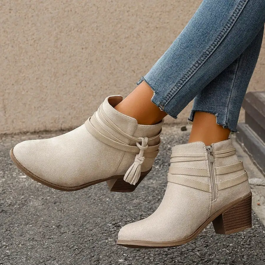 Tassel Point Toe Block Heels Boots