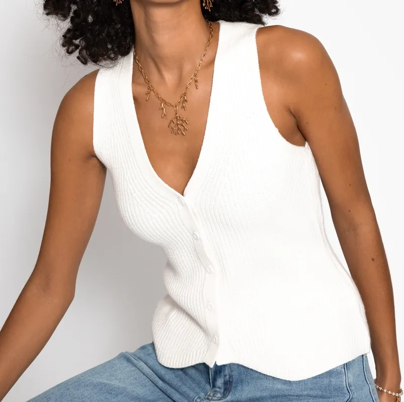 Off White Knit Button Placket Top