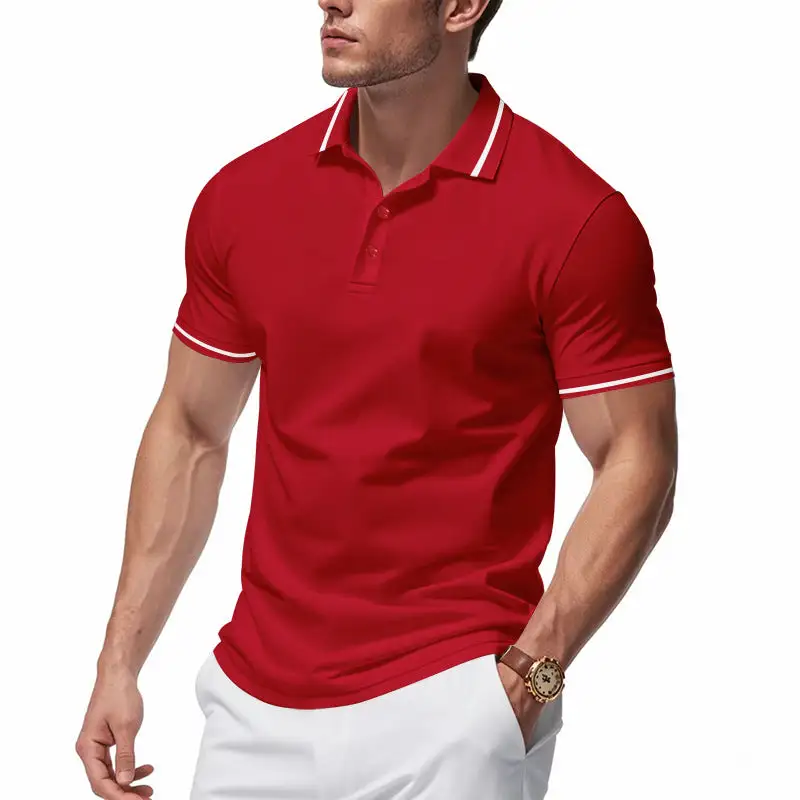 Men's Breathable Interlock Polo Shirt With Contrast Tipping Short Button Placket And Slim Silhouette