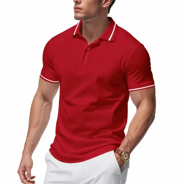 Men's Breathable Interlock Polo Shirt With Contrast Tipping Short Button Placket And Slim Silhouette