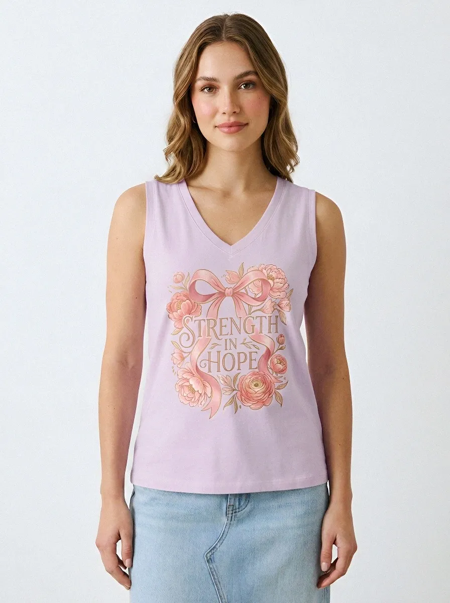 Women's Breast Cancer Awareness Floral Ribbon Strength In Hope Printed Tank Top