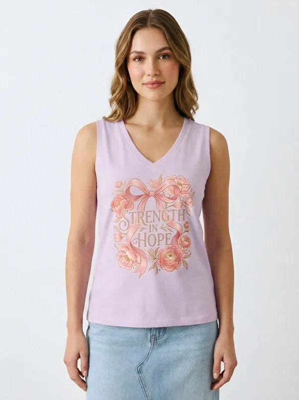 Women's Breast Cancer Awareness Floral Ribbon Strength In Hope Printed Tank Top