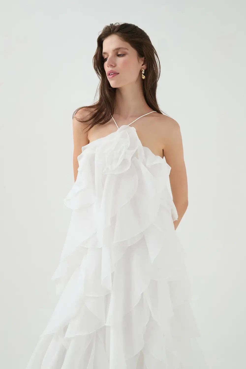 3D Flower Halter Neck Frill Maxi Dress