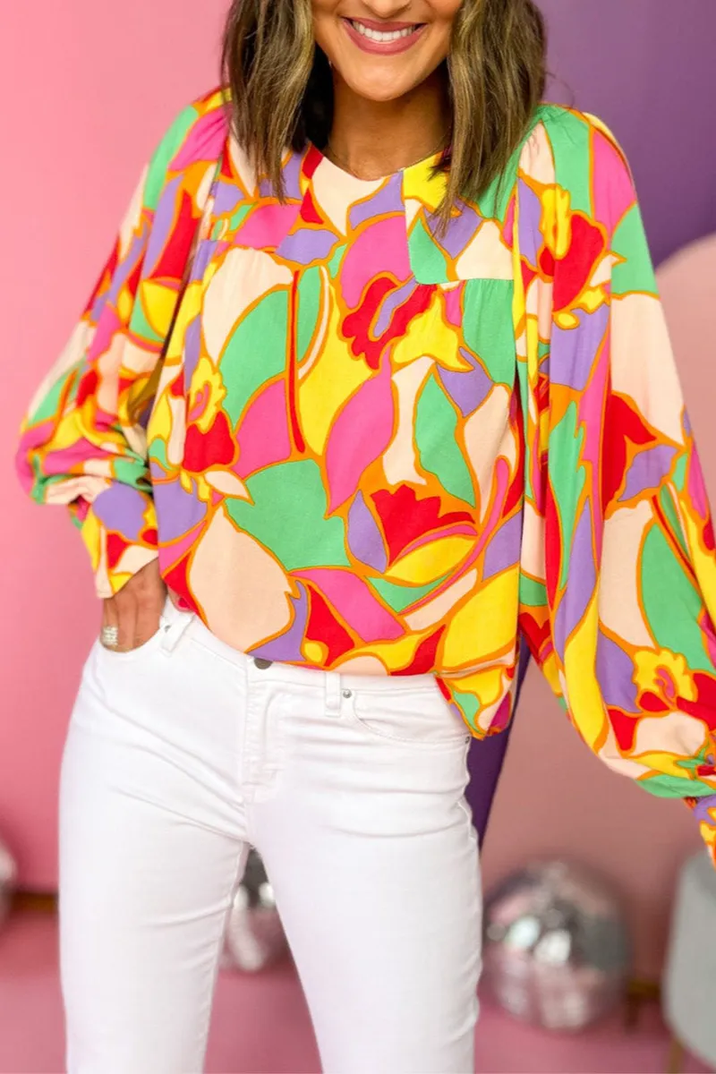 Abstract Print Puff Sleeve Blouse