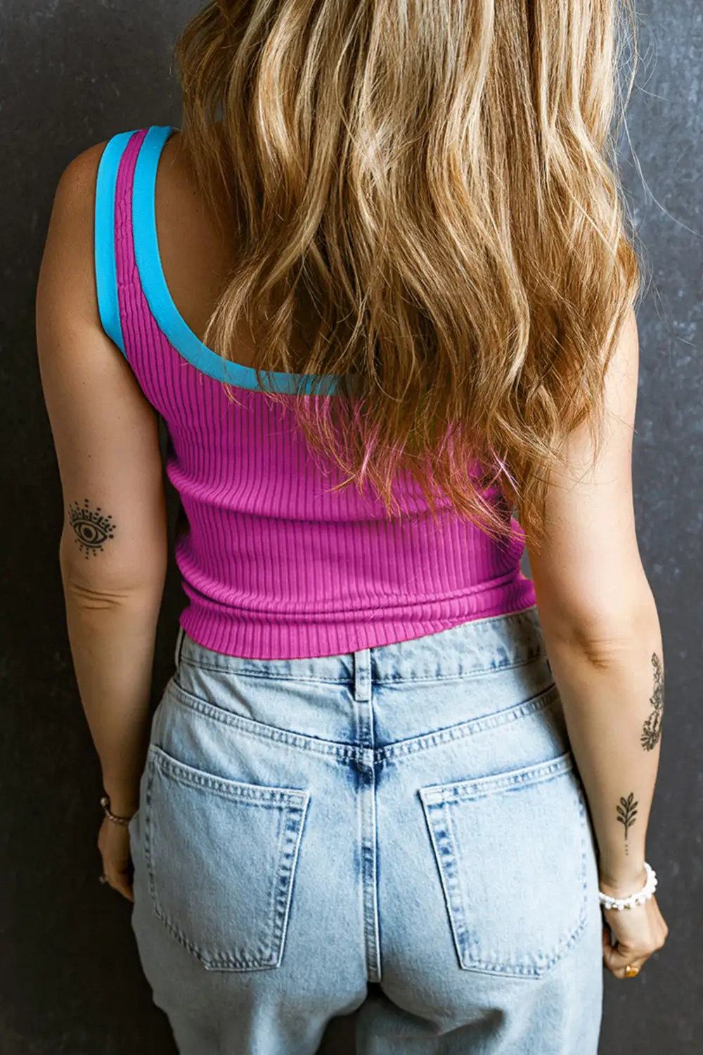 Bright Colorblock Edge Ribbed Knit U Neck Tank Top