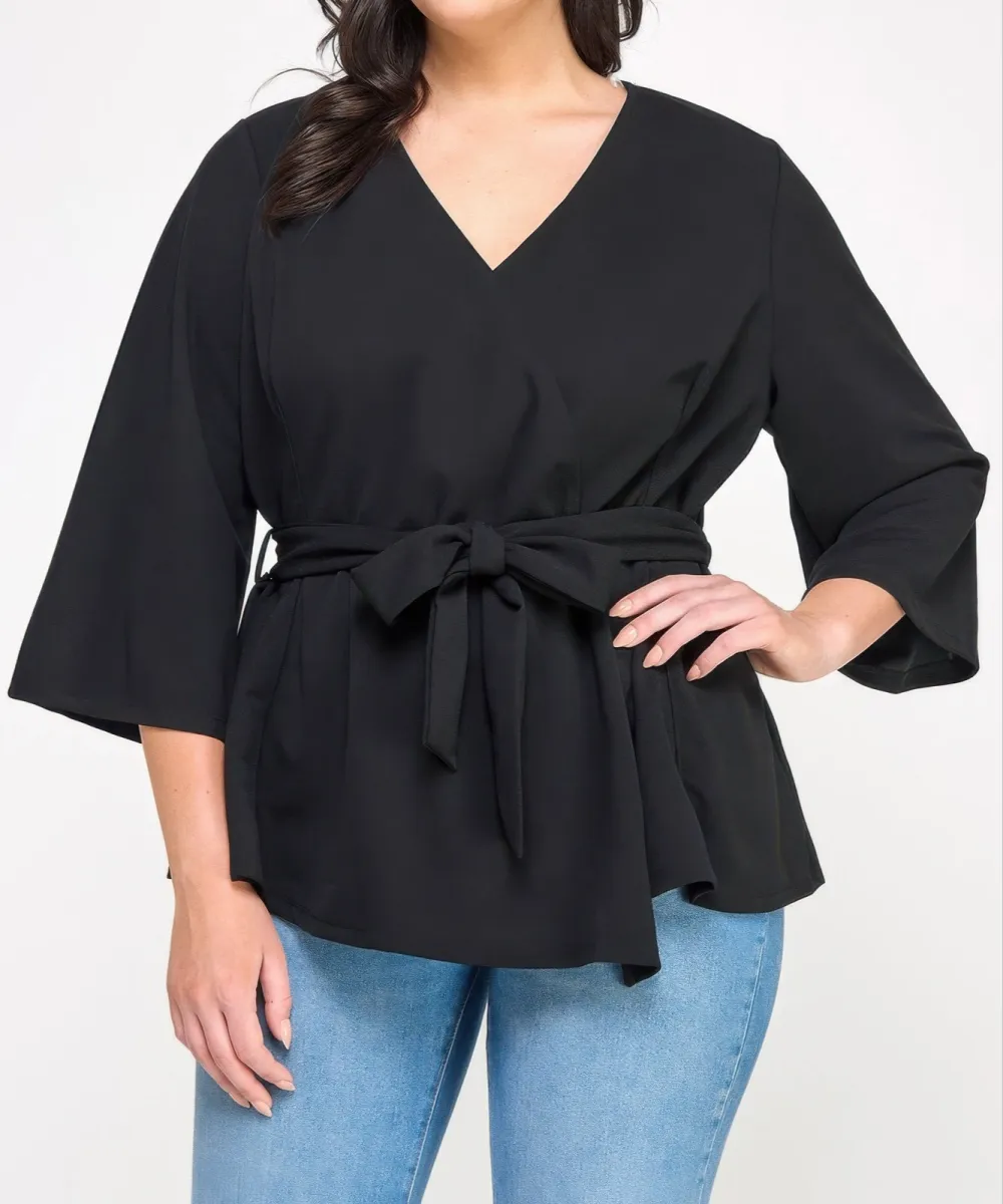 Plus Size Black Wrap Tie-Waist