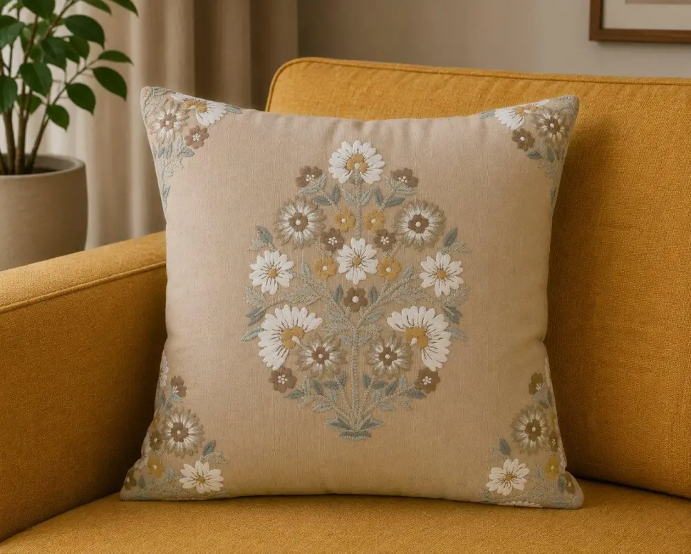 Artisan Detail Hand Embroidered Floral Botanical Cotton Decorative Cushion Cover