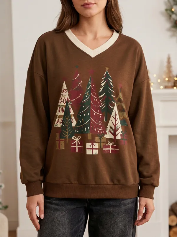 Christmas Holiday Forest Tree & Gift Box Print Sweatshirt
