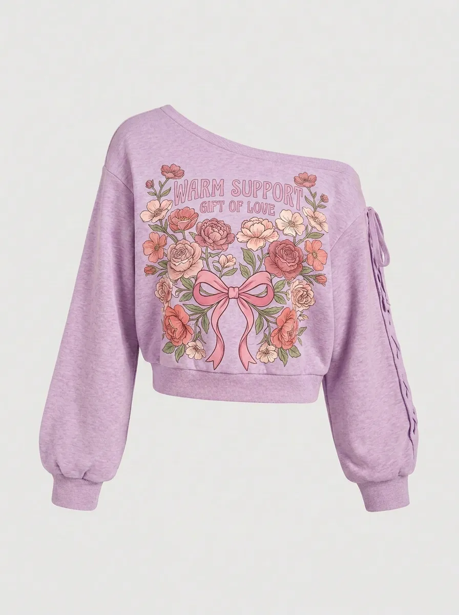 Women's Breast Cancer Awareness Floral Bow Printed One-Shoulder Sweatshirt