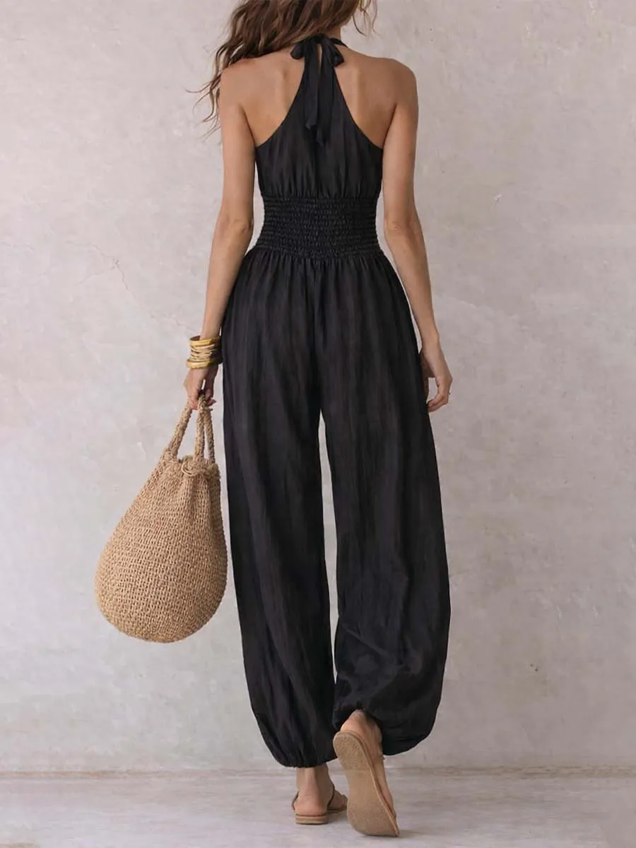 Bohemian Halter Keyhole Balloon-Leg Jumpsuit