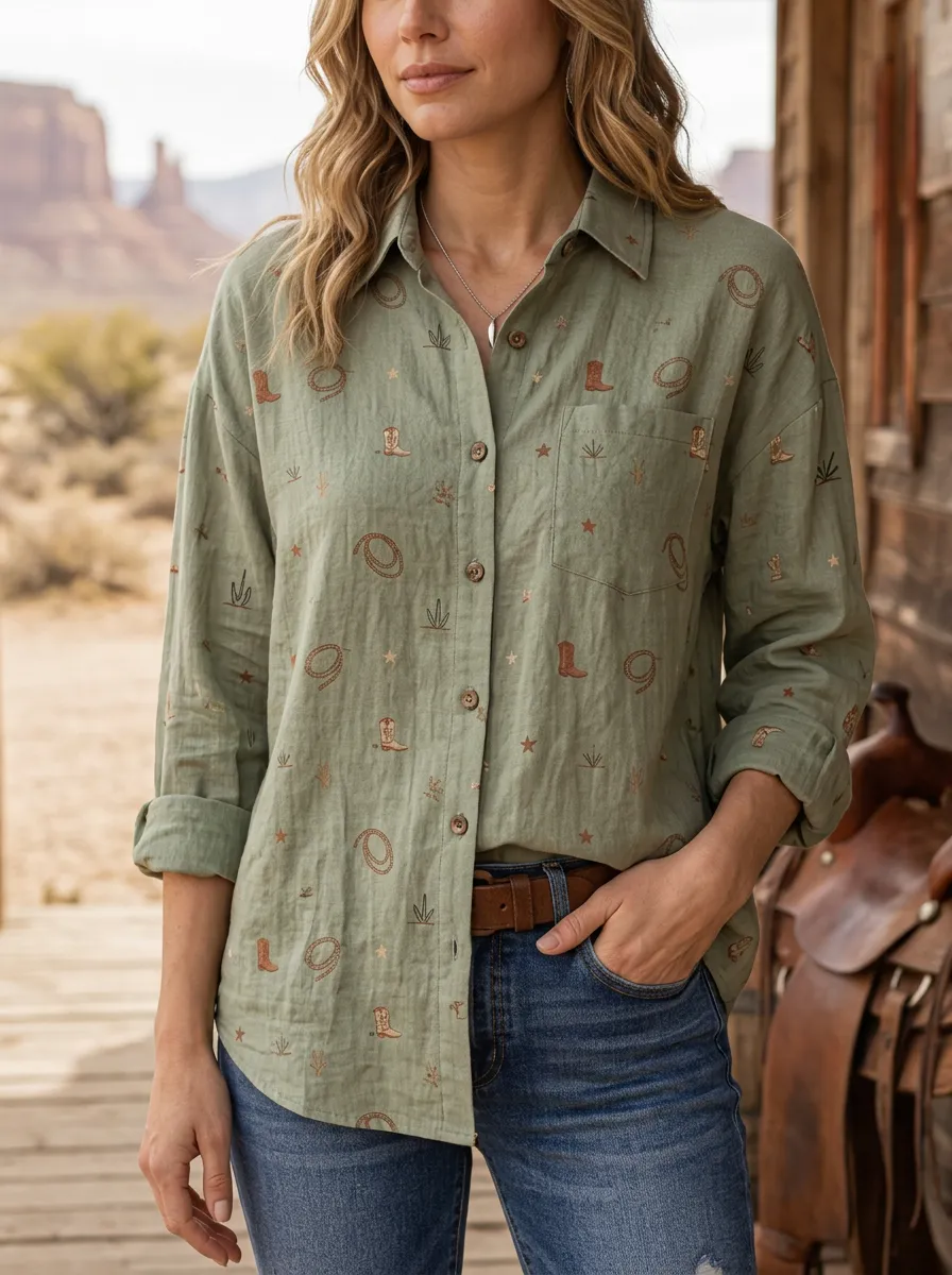 Women's Western Cowboy Boot Lasso Star Printed Cotton Linen Shirt