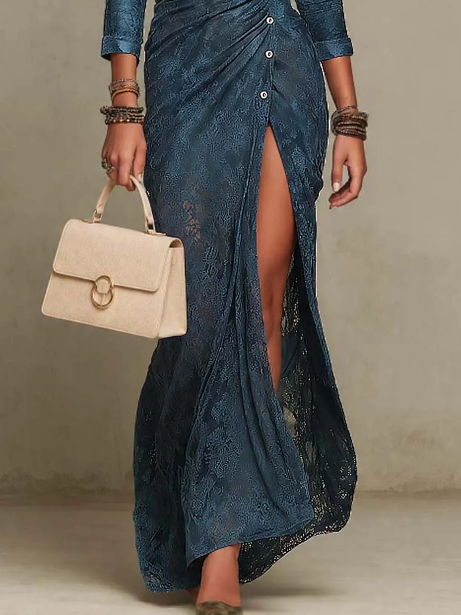 Vintage V-Neck Long Sleeve Lace High Slit Maxi Dress