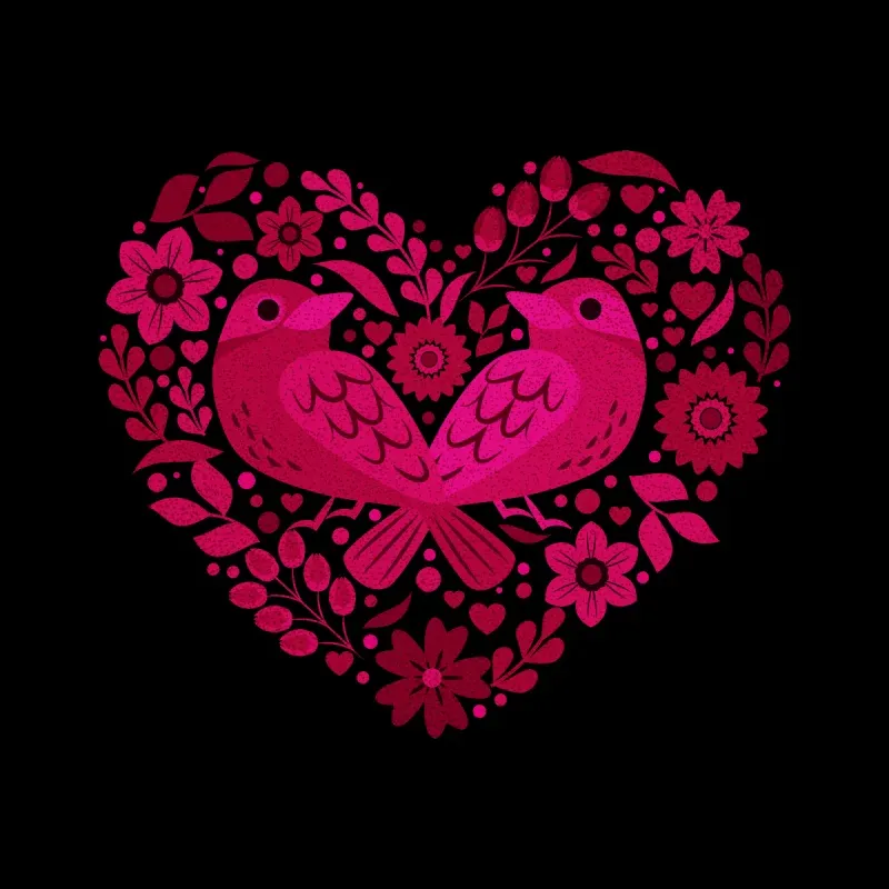 Men's Artistic Heart-Shaped Bird & Flower Pattern Print Long-Sleeve Hoodie