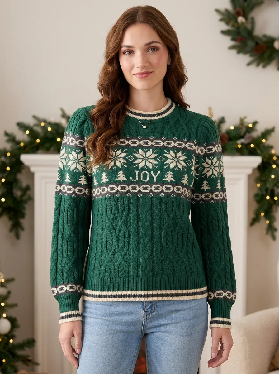 Christmas Joy Snowflake Tree Pattern Knitted Sweater