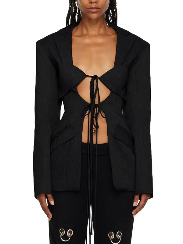 Long Sleeve Relaxed Pocket Solid Color Tie Waist Blazer
