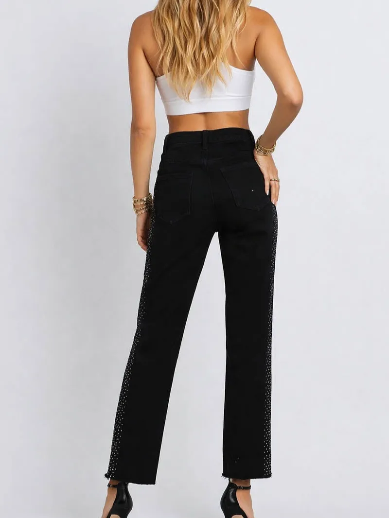 Side Rhinestone Button Waist Skinny Denim Pants
