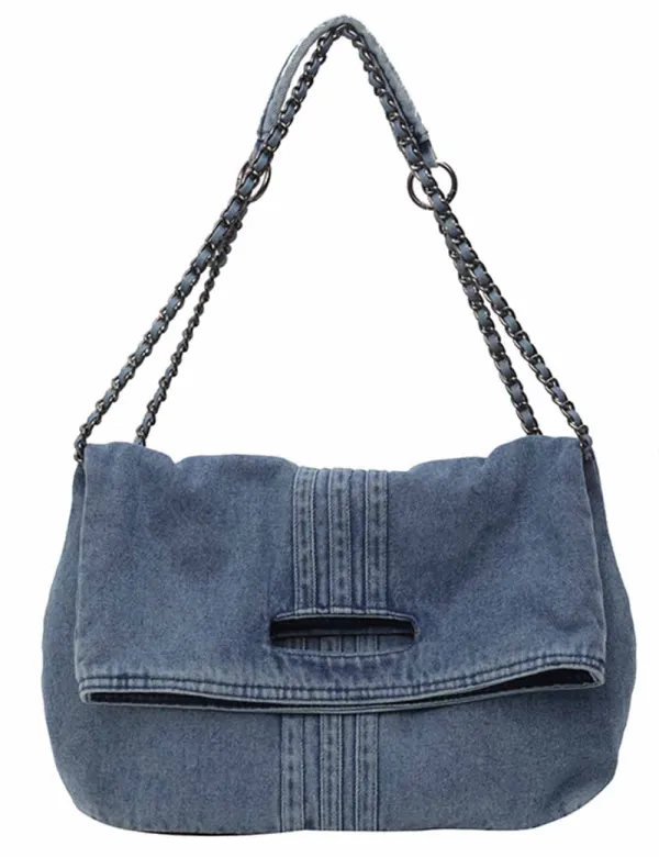 Denim Double Chain Shoulder Tote Bag
