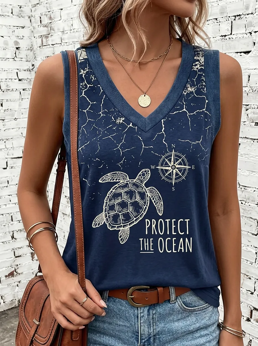Women's Ocean Lover Sea Turtle Compass Printed Tank Top