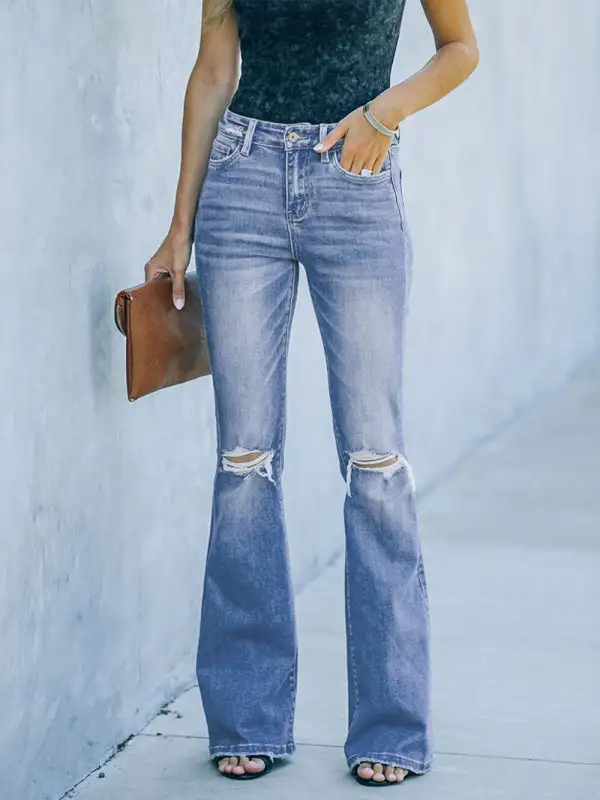 Bootcut Jeans High Waist Slimming Ripped Denim