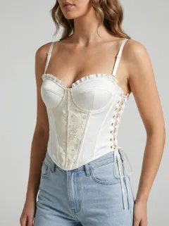 Floral Lace-Up Satin-Look Women's Corset Top