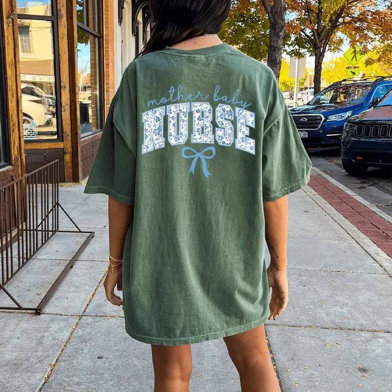 Mother Baby Nurse Coquette Blue Bow Postpartum Nurse Women's Oversized Comfort T-Shirt Back Print