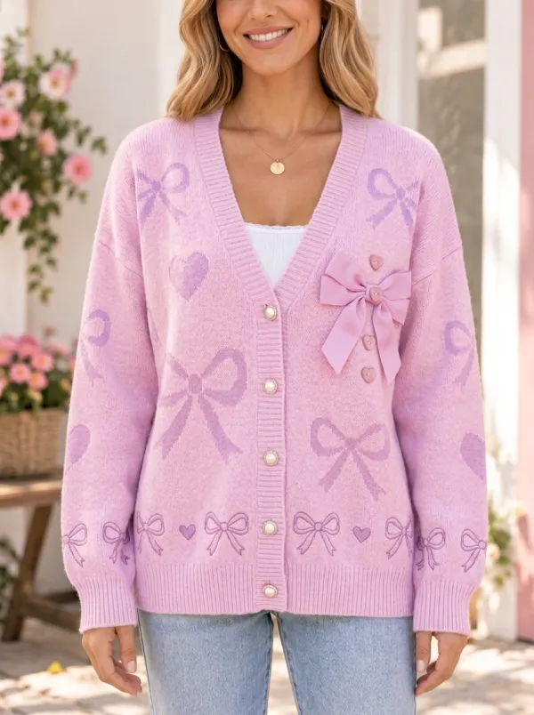Women's Romantic Heart Coquette Ribbon Bow Printed Cardigan