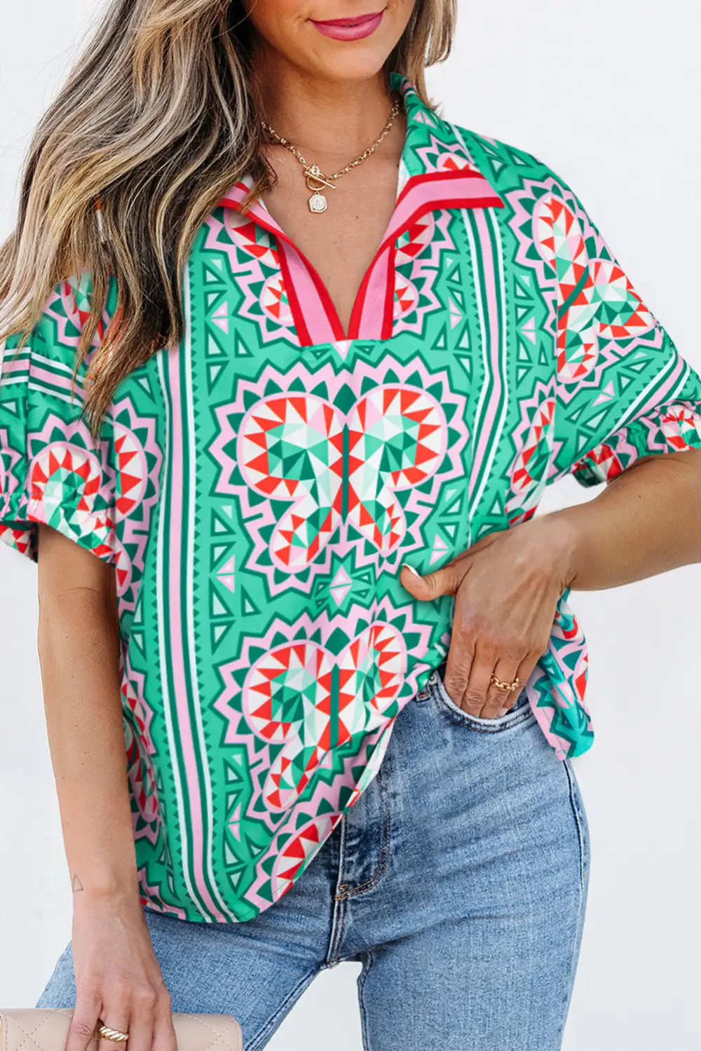 Striped Abstract Print V-Neck Blouse