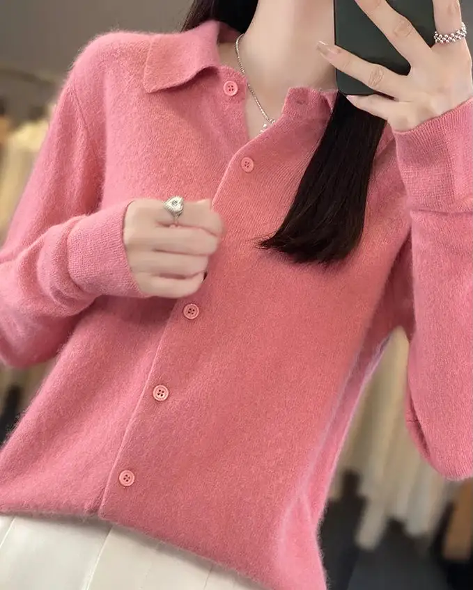 Mink-Cashmere Cashmere Button-Front Polo-Collar Cardigan