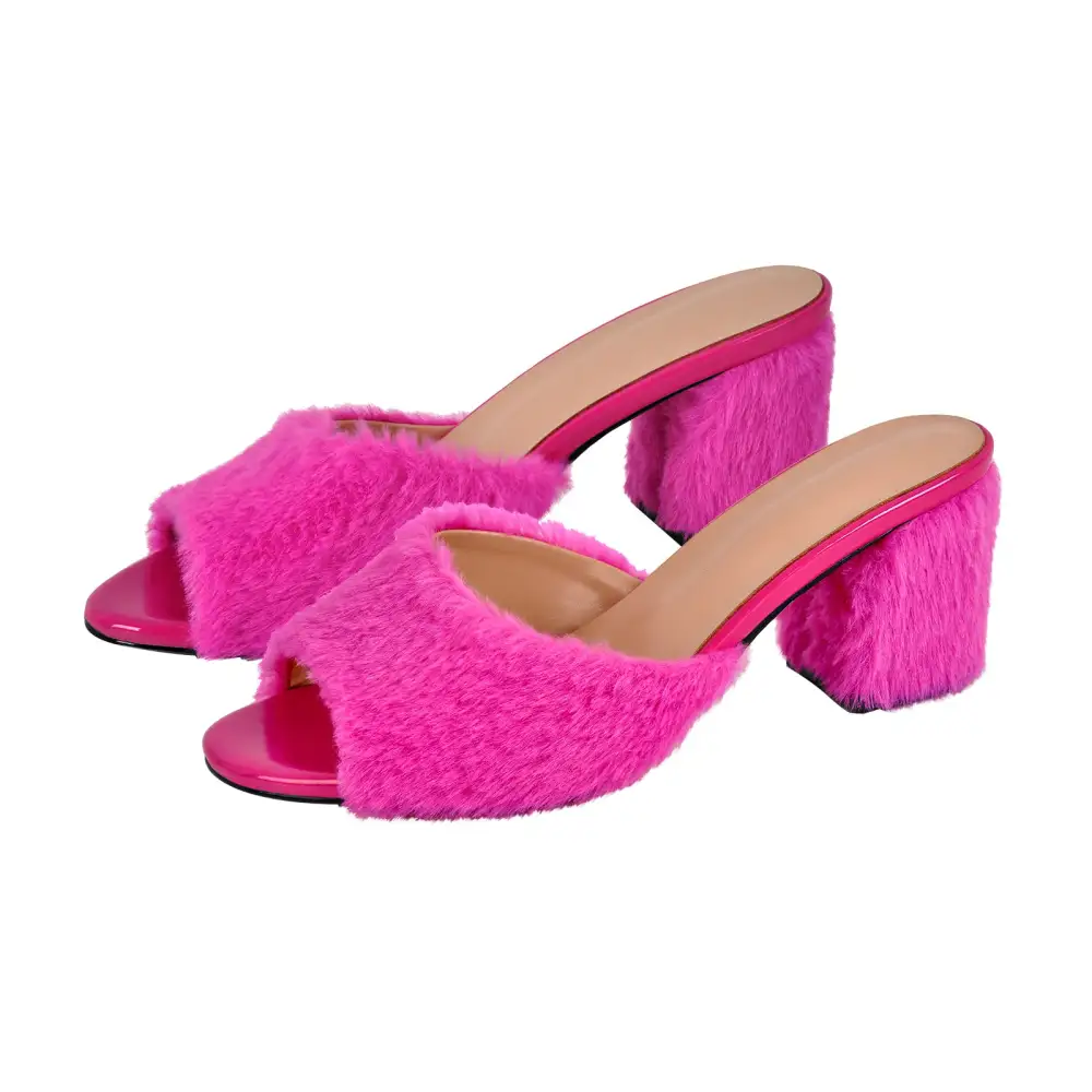 Round Toe Chunky Heel Fur Mule Sandals
