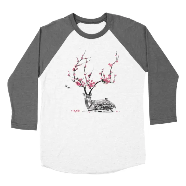 Men's Artistic Deer With Plum Blossom Print Crew Neck Long-Sleeve T-Shirt