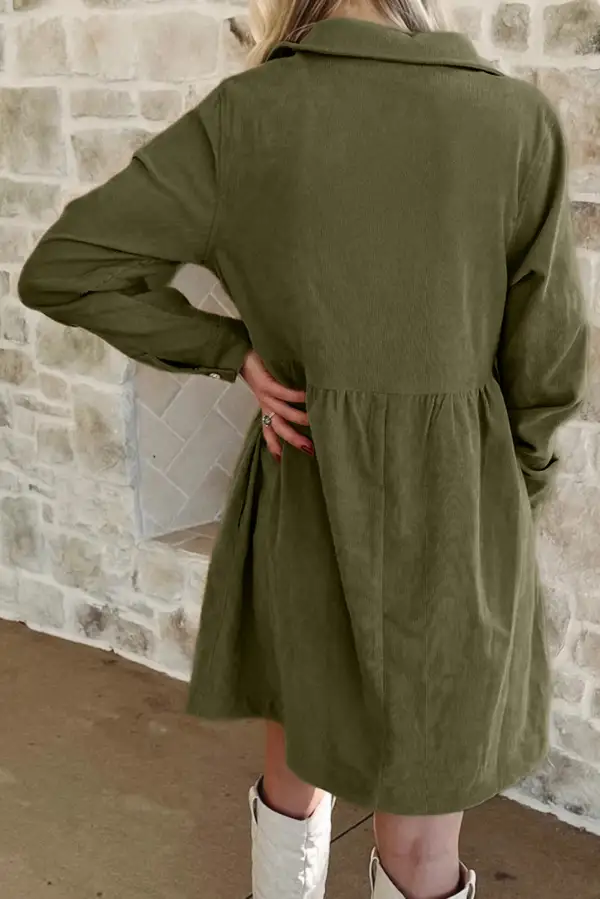 Vineyard Corduroy Half Button Collared Long Sleeve Mini Dress