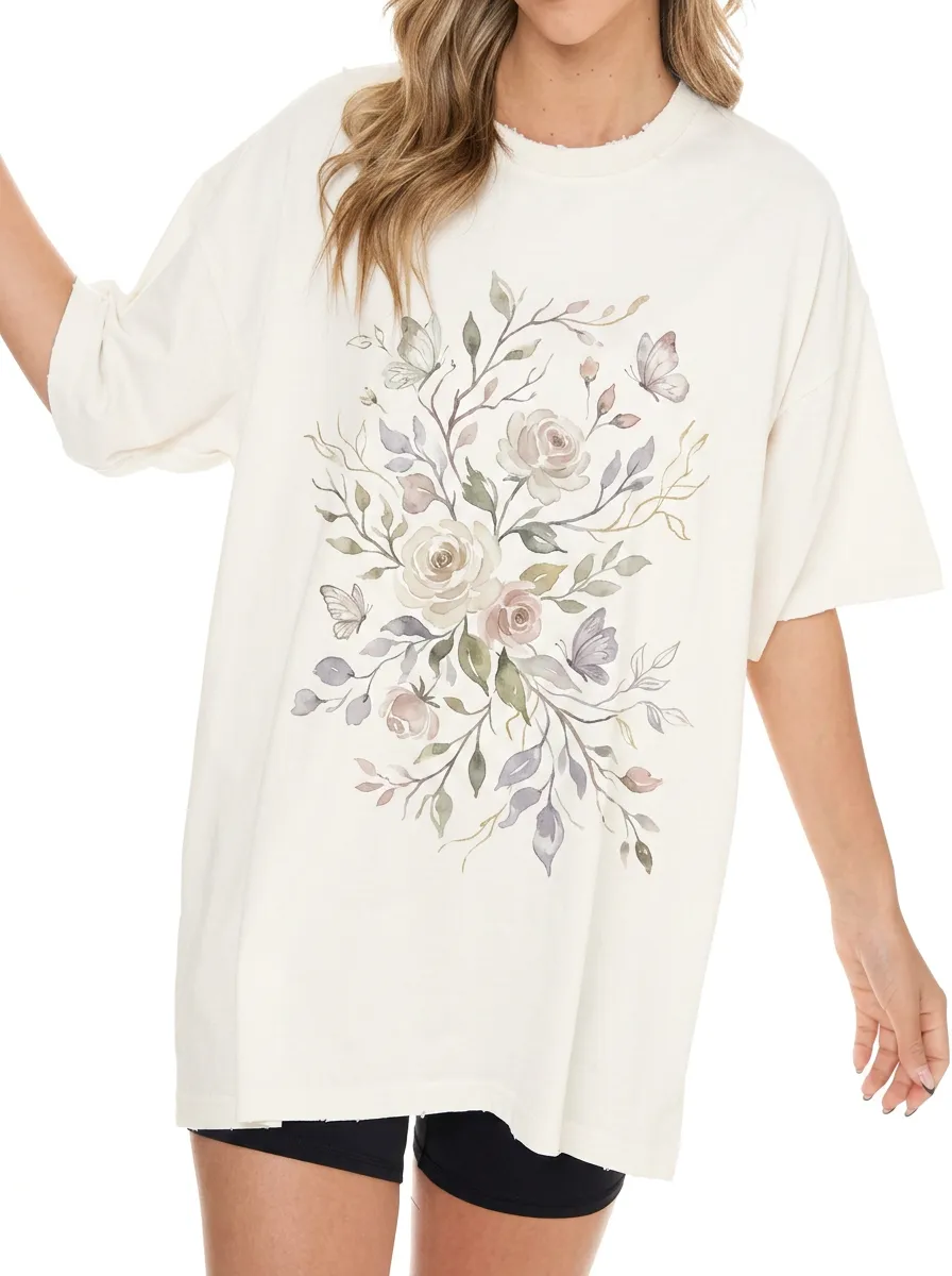 Women's Floral Butterfly Nature Lover Watercolor Printed T-shirt