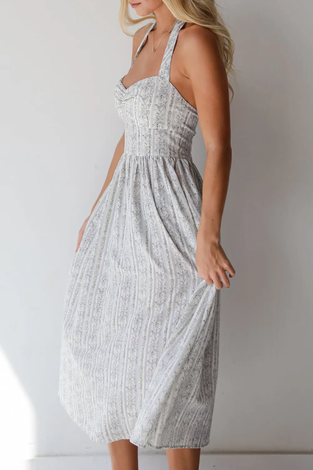 Blue Striped Floral Halter Midi Dress