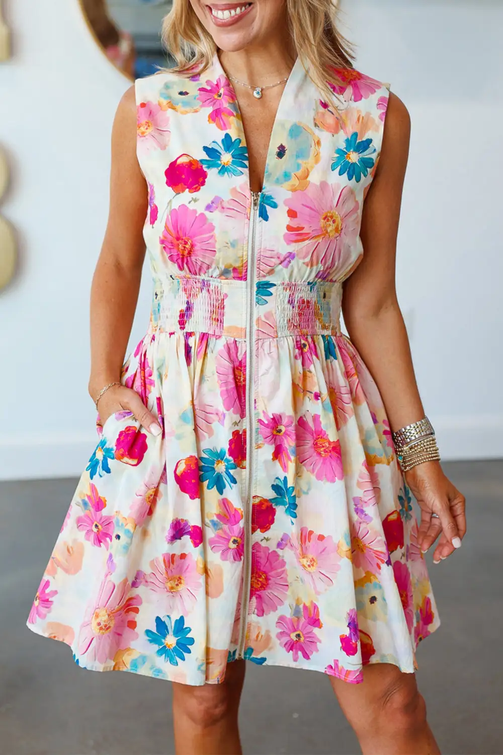 Floral Smocked Zip Front Mini Dress