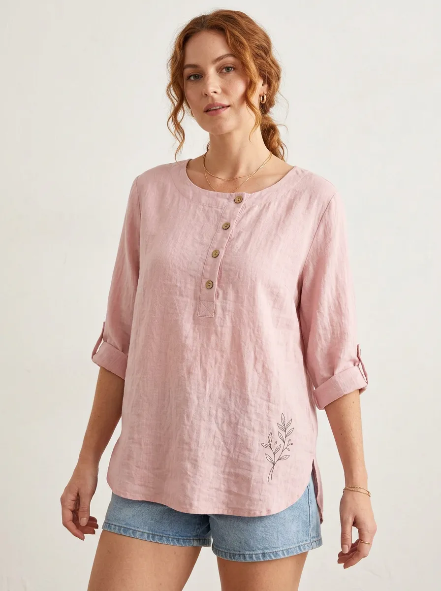 Women's Casual Botanical Leaf Printed Pink Linen Henley Top