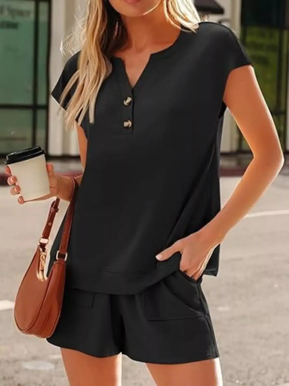 Button-Detail Pocketed Top and Shorts Matching Set