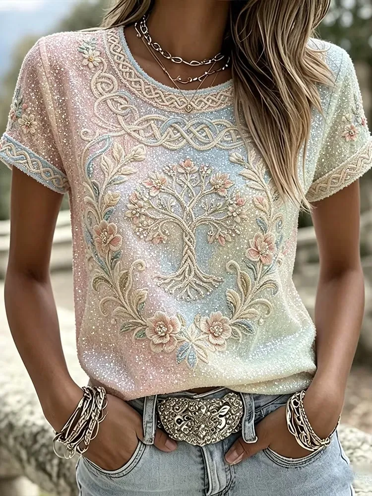 Women'S Tree Of Life And Celtic Sequin Art Cotton Linen Casual Round Neck Top